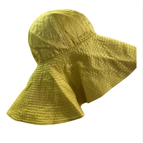 PRADA 100% silk yellow wide brim floppy sun beach pool hat resort size S - Picture 1 of 8
